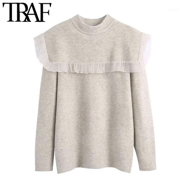 

traf women fashion patchwork organza ruffled knitted sweater vintage o neck long sleeve female pullovers chic 1, White;black