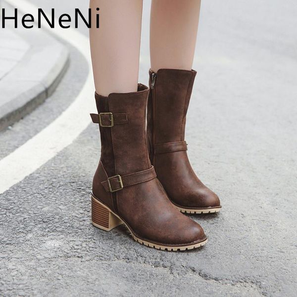 

brand fashion boots women low heels buckle cowboy mid-calf boots round toe casual platform shoes winter botas mujer size 33-43, Black