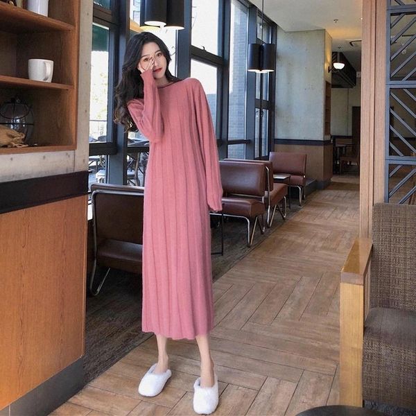 

jxmyy autumn 2020 new women's style long sweater dress over the knee is thinner long sleeve base knitted dress winter #931s, Black;gray