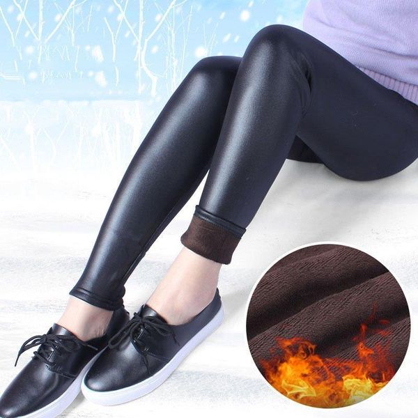 

lady king size plus 3xl winter velvet imitation leather pants elastic warm thick cashmere slim leggings fleece pencil pants, Black