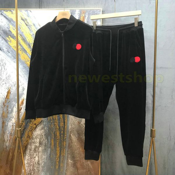

2021 fashion designer clothing mens velvet tracksuit paris embroidered circle velvet jacket outwear sweatshirt suit patchwork sportwear pant, Gray
