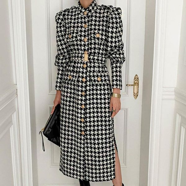 

ewq]2020 winter over knee style stand collar long-sleeved panelled plaid straight minimalist woolen overcoat with belt 8d11181, Black