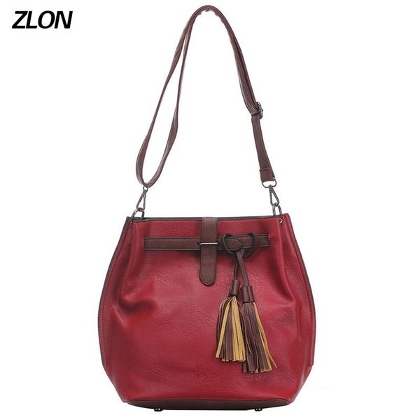 

zlon trend women genuine leather bag drawstring tassel bucket fashion wome high capacity shoulder bag ladies messenger n102