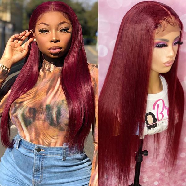 

burgundy red straight lace front wigs for women middle part long silky synthetic lace front wig heat resistant hair wig, Black;brown