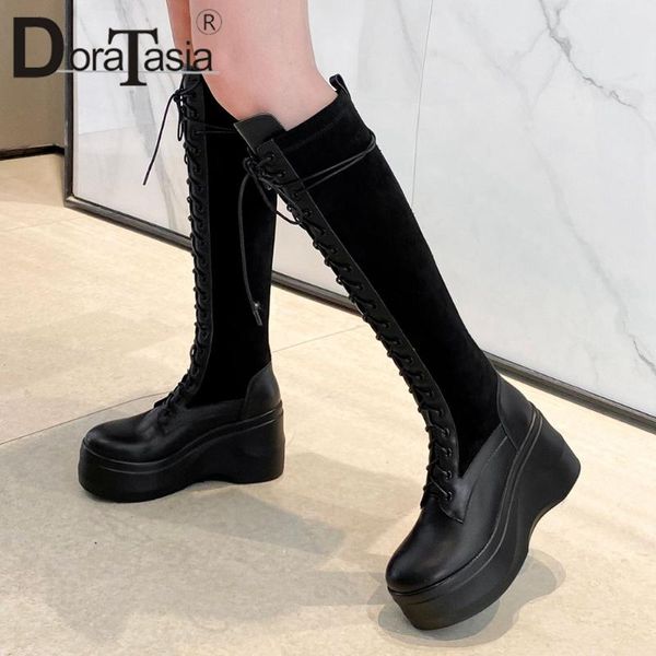 

doratasia brand new female genuine leather boots autumn fashion platform boots women wedges high heels lace up shoes woman, Black