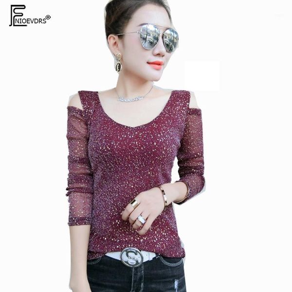 

women's glitter sheer see through long sleeve mesh tee autumn winter basic inside criss cross off shoulder t shirt, White