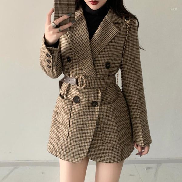 

women's autumn and winter jacket british style small suit ladies plaid mid-length korean version 2021 new1, Black;brown