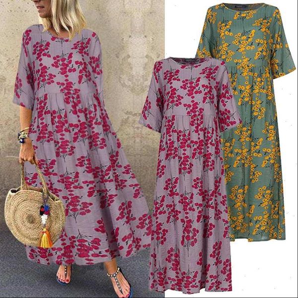 

2021 zanzea vintage printed maxi dress womens sundress autumn half sleeve tunic vestido female casual floral robe plus size 5xl, Black;gray