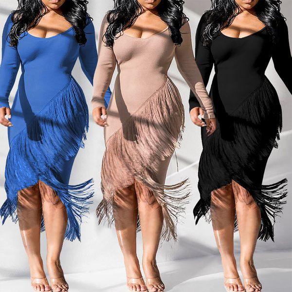 

осень женщина boho твердая лонго рукав длинных a-line платья дамы партия бахрома крест платье, Black;gray