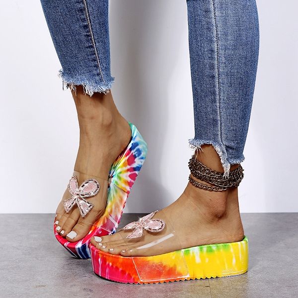 

6hgp summer women's shoes slip on flops high crystal wedges sandals women glitter flip flat fashion sandals heels slippers ladies, Black