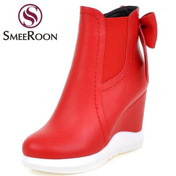 

smeeroon 2020 new fashion women boots winter autumn shoes wedges bowtie women ankle boots simple platform female footwear1, Black