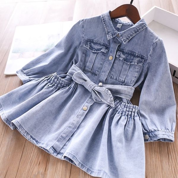 

at8ou 32777 spring special offer 067 dress lapel pocket dress denim girls pleated children's belt dwtxe, Black;gray