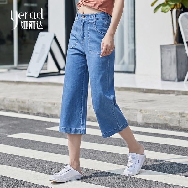 

women's jeans yerad women calf length wide leg casual loose denim pants 2021 summer straight trousers1, Blue