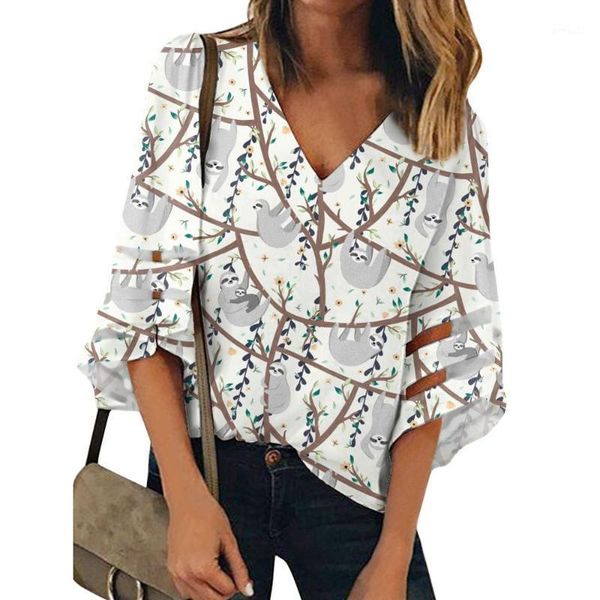 

women's blouses & shirts custom cartoon sloth animal print womens 3/4 bell sleeve v neck lace patchwork blouse casual loose shirt clot, White