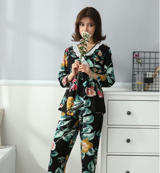 

2021 new women's two-piece home for spring summer thin long-sleeved pants pajamas women cotton suit vtgu, Black;red