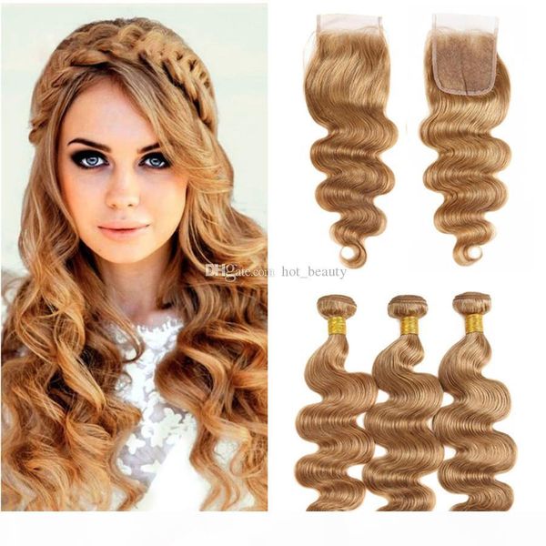 

brazilian virgin human hair products honey blonde color 27 body wave human hair weave extension 3 bundles with lace closure, Black