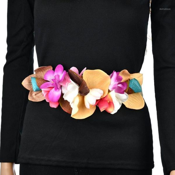 

sweet elegant women pink flower belt elastic waist chain wedding buckle waistband boho floral belt accessories dw101, Black;brown
