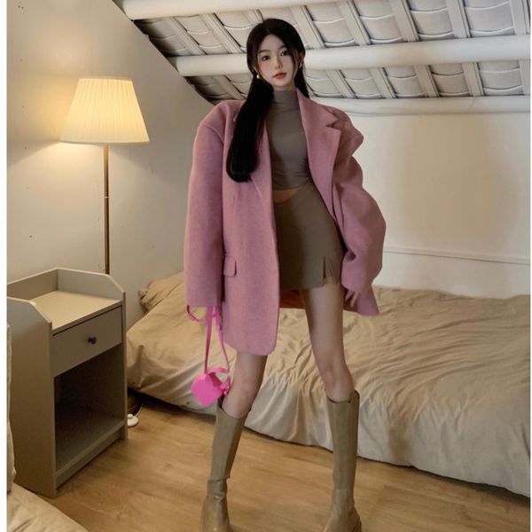 

costumes xiaoxiangfeng woolen suit jacket women autumn and winter 2021 new style korean thick temperament mid-length woolen coat 19ou, Black