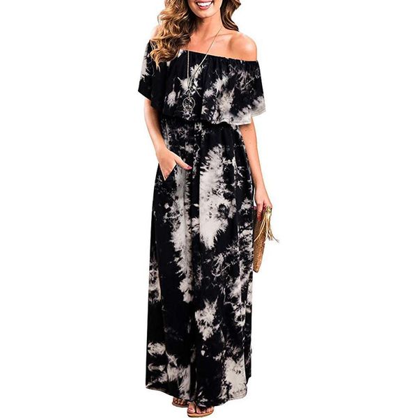 

women maxi dress summer sxy cold off shoulder ruffle party tie dye split long dresses robe femme vestidos#40, Black;gray