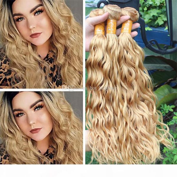 

light brown blonde wet and wavy human hair weave 3pcs lot #27 honey blonde water wave virgin indian hair wefts bundles extensions 300g, Black