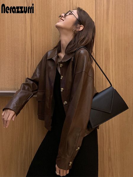 

nerazzurri short brown leather jacket women long sleeve drop shoulder 2020 plus size faux leather jackets for women spring shirtx1016, Black;brown