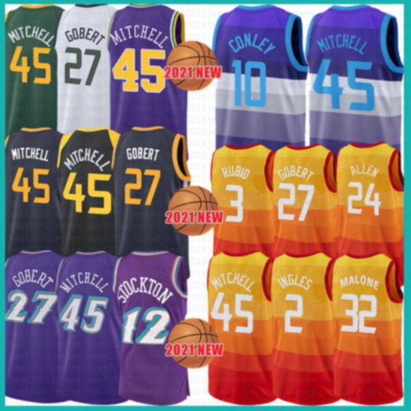 

2021 new donovan 45 mitchell basketball jersey rudy 27 gobert mens john 12 stockton mesh retro karl 32 malone youth kids 0 conley lavender, Black;red