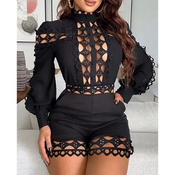 

women playsuit hollow out jumpsuit autumn turtleneck long sleeve jumpsuit skinny party overalls one piece playsuit1, Black;white