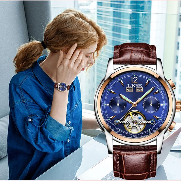 

fashion women's watches brand luxruy lige automatic watch women waterproof sport clock ladies leather business wrist watch 201114, Slivery;brown