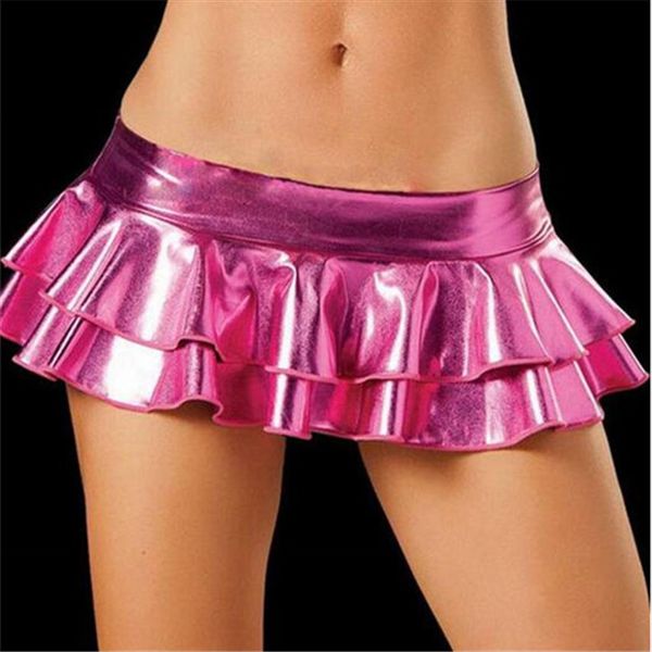 

latex 2020 new saia ultrashort pu patent leather double deck lotus leaf edge mini skirt saias skirts womens faldas costumes, Black