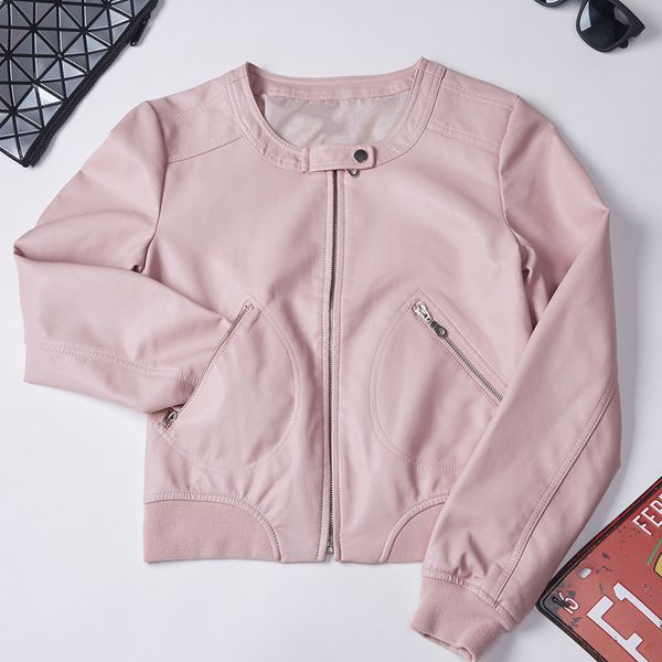 

2021 new women faux leather jacket plus size 4xl o-neck jackets female short biker black pink coat s5wt