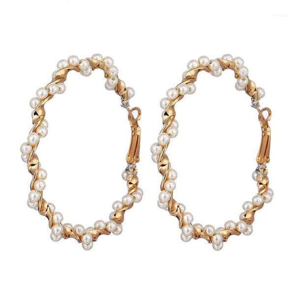 

charm handmade craft gold color plated big circle ear loops hoop earrings imitation pearl beaded flower women jewelry1, Golden