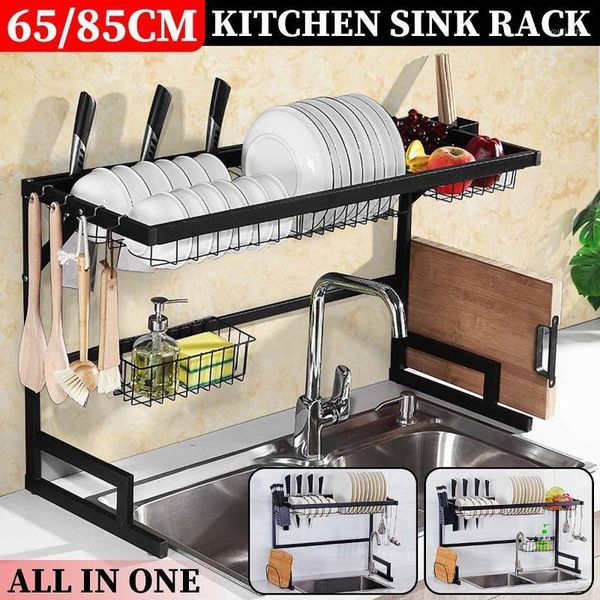 

85cm kitchen stainless steel dish rack over sink expandable organizer storage drainer drying plate shelf knife fork container1