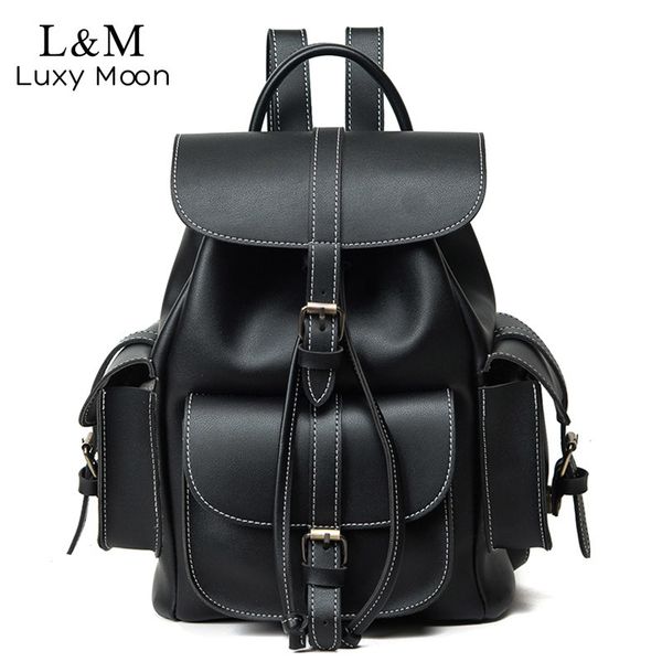 

vintage drawstring backpack women pu leather backpacks sac a dos black shoulder bag female school bags xa1179h 201006