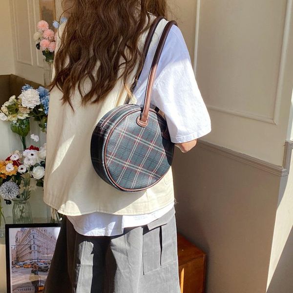

wholesale women small circular shape handbag 2020 new korean round retro zipper plaid portable shoulder underarm bag vusb