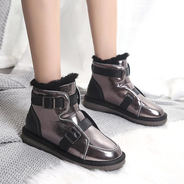 

мех snow boots женской обувь блеск ботильоны бляшка плюшевые плоские женщины зимы теплые ботинки ботинес mujer 2020, Black