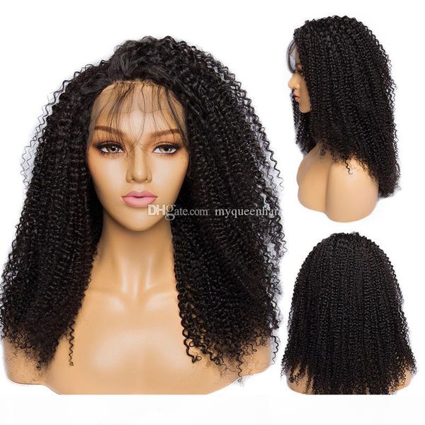 

my queen 100% unprocessed virgin human hair full lace wigs kinky curly front lace wig pre plucked hairline 180 density, Black;brown