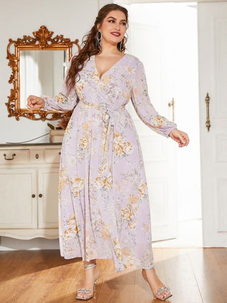 

plus floral print overlap collar bishop sleeve belted dress b3qp#, Black