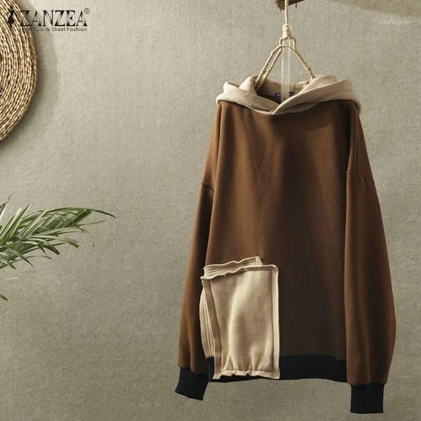 

zanzea women autumn vintage hoodies sweatshirt casual hooded loose pacthwork sweatshirts robe jumper long sleeve pullover 71, Black