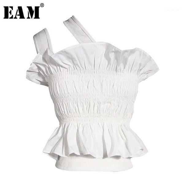 

eam] women white ruffles split joint blouse new slash neck sleeveless loose fit shirt fashion tide spring summer 2020 1w3281