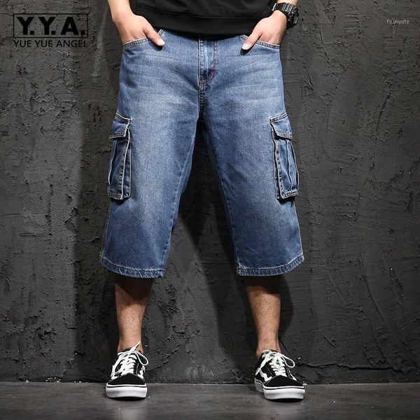 

casual mens shorts jeans men summer big pockets shorts plus size 48 baggy denim trousers male calf length loose fit harem pants1, Blue