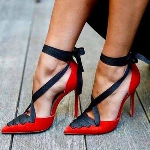 

dress shoes black ribbon red suede high heel lace-up stiletto pointed toe cross strappy mixed patchwork wedding