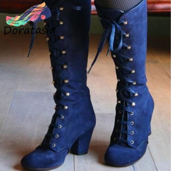 

boots doratasia women round toe high heels fashion shoes 2021 designer handmade flcok classic mid calf, Black