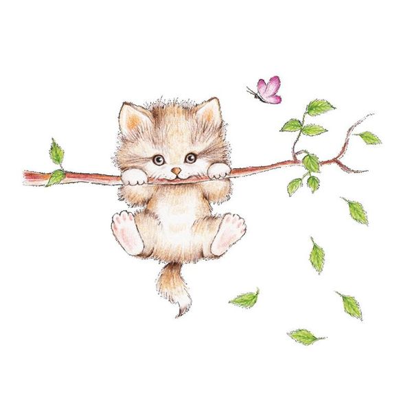 

lovely cat hanging branches butterfly wall stickers for kids room children bedroom cute animals wall decals nursery dec wmtsff