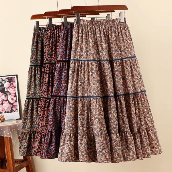 

skirts vintage chiffon autumn winter chic shredded flower skirt high waist a line women printed mid-calf casual lady, Black