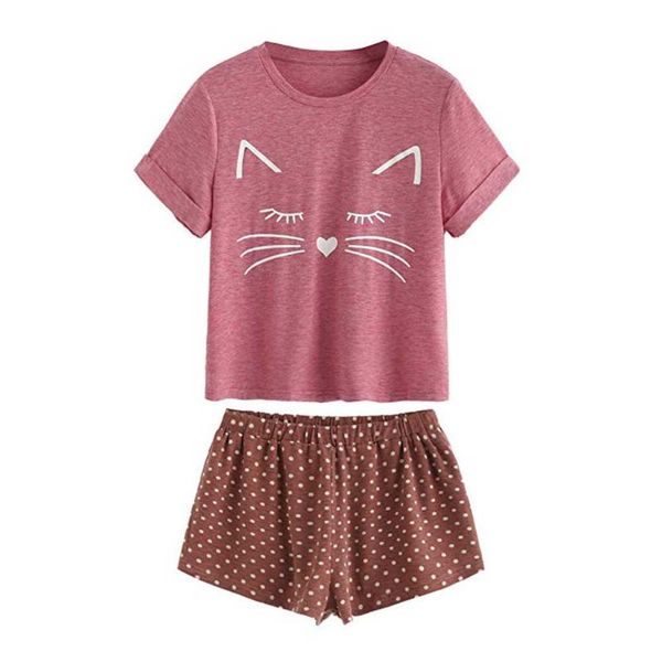 

lingerie pajamas for women home clothes casual cat shorts short sleeve ruffled t-shirt sleepwear nightwear set h4, Black;red