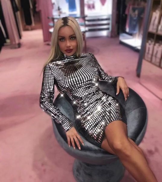 

ohwera brin prader wears silver lenses, compact mini women wear silver high collar nine points sleeve sequin party dress, Black;gray