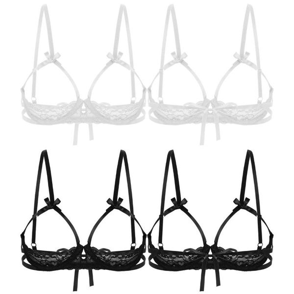 Sutiã de mamilo aberto sexy erótico feminino copo cortado roupa interior de peito ver através de renda transparente lingerie prateleira underwear285j