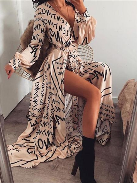

boho printed floral long maxi dress women female casual loose ankle length empire v neck long splits dresses vestidos, Black;gray