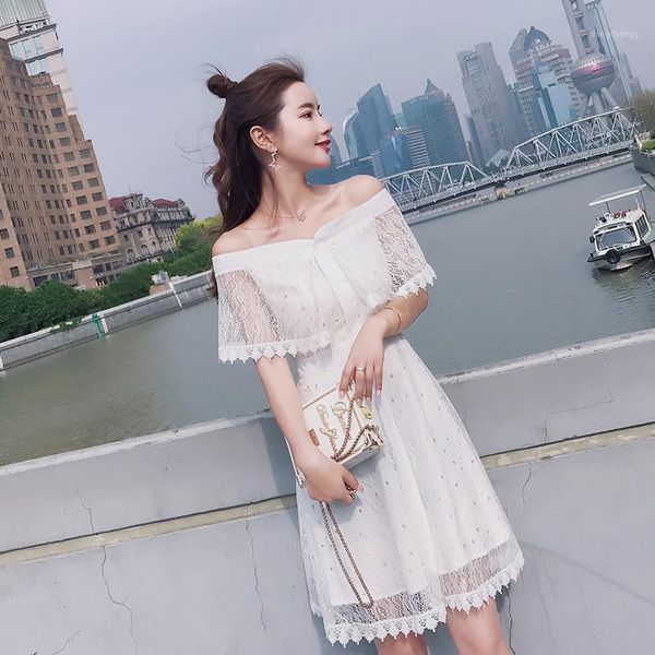 

summer off shoulder dress women vintage style sweet ladies white lace dress elegant mini kawaii slash neck robe femme s-xl1, Black;gray