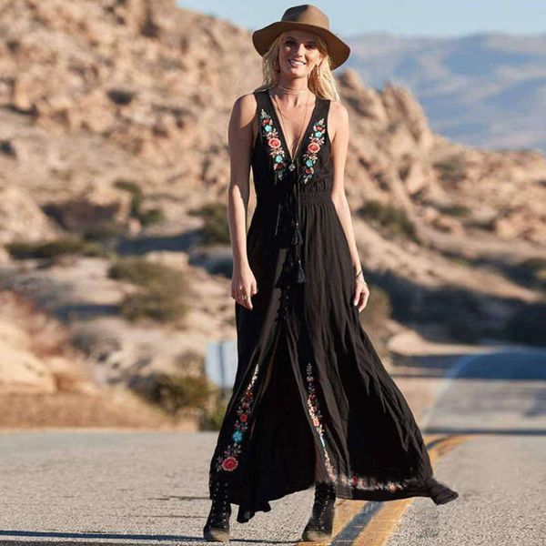 

up bohemian spring / summer new lace v-neck embroidery sleeveless holiday dress mp-383, Black;gray